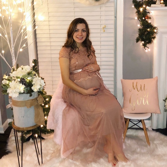 Candalite Petite lace sequin Long Pink Dress - Picture 6 of 8